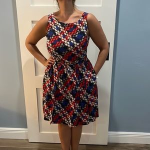 Trina Turk red white blue silk dress with belt size 12